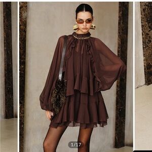 Commense Chocolate Ruffle Chiffon Mini Dress